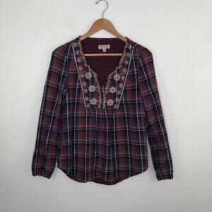 Cape Juby Plaid Embroidered V Neck Peasant Top Size Small